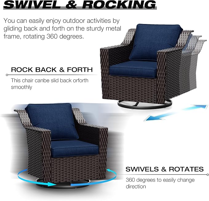Joyside Wicker Patio Furniture Sets, 10 Pieces Upgraded Large Size Outdoor Furniture with 4 Swivel Rocking Patio Chairs, 3-Seat Sofa, Outdoor Ottoman, Thick Cushions, Wide Armrest, Blue