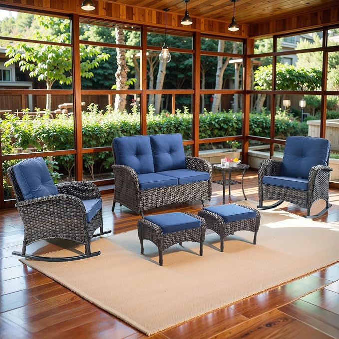 Belord 6 Pieces Outdoor Patio Furniture Set with Wicker Rocking Chairs, Rattan Patio Conversation Set with Glider Loveseat Ottomans and Side Table Brown/Blue