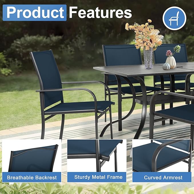 Crownland 7 Piece Patio Dining Set, Outdoor Textilene Dining Sets, 6 Textilene Metal Chairs and Rectangular Outdoor Dining Table with 1.57" Umbrella Hole (Blue)