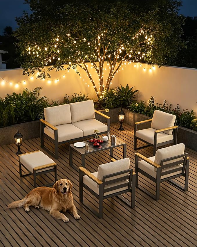 Aluminum Outdoor Patio Furniture - 1 Pcs Loveseat and Coffee Table, All-Weather Metal Modern Outside Furniture with Washable Thick Cushion for for Balcony, Garden, Deck, Backyard,Beige