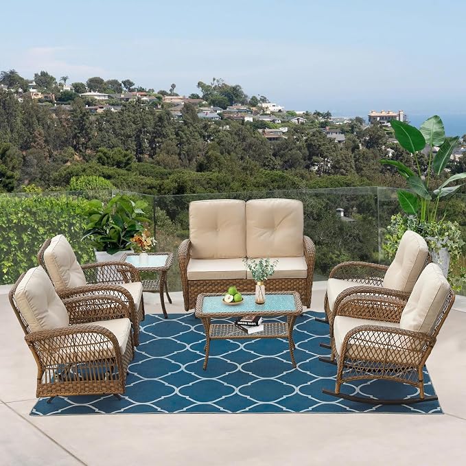 VIVIJASON 7-Piece Outdoor Patio Wicker Conversation Sets, All Weather Outdoor Rattan Furniture Set Includes Glider Loveseat, 2 Rocking Chairs, 2 Glider Rocker Chairs, 2 Coffee Table, Light Brown