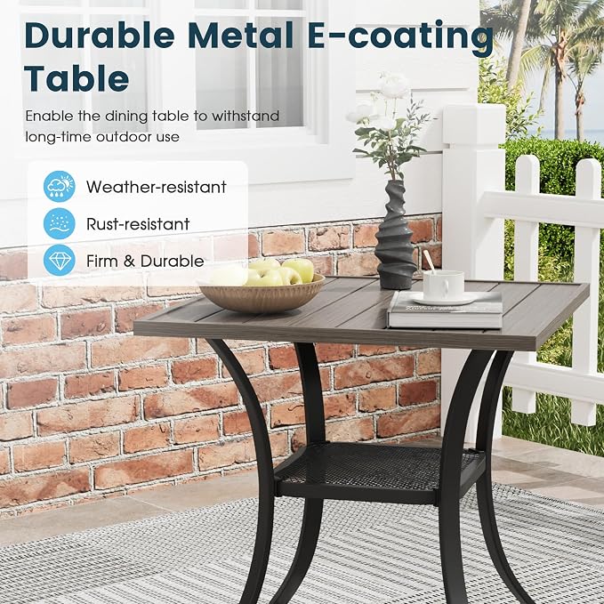 3 Pieces Patio Dining Set, 28" Square Dining Table with Storage Shelf, 2 Stackable Textilene Fabric Chairs, Metal Structure for Patio, Porch, Garden(Grey Table, Grey Chair)