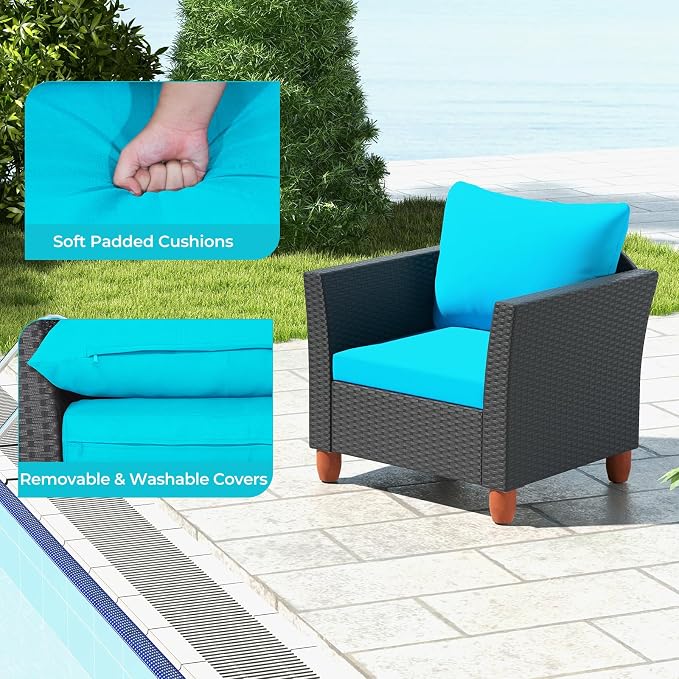 ORALNER 3 Pieces Patio Furniture Set, Outdoor Wicker Conversation Chairs with Cushion, Acacia Coffee Table, Rattan Bistro Set for Balcony Garden Backyard Front Porch Poolside (Turquoise)