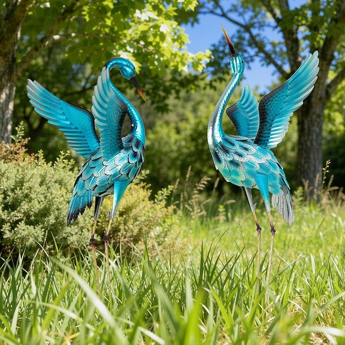 47.5" Metal Heron Garden Statue, Oversized Metal Crane Decor | Handcrafted Blue Heron with U-ground Stakes,Weatherproof Iron Bird Art for Backyard, Lawn, Patio