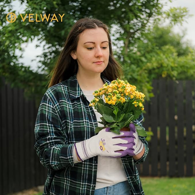 Velway 2 Pairs Gardening Gloves for Women - Breathable Rubber Coated Garden Work Gloves - Outdoor Protective Yard Gloves with Grip Gardening Gifts - Red & Purple Medium