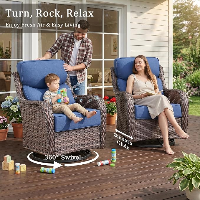 Luxury High Back Outdoor Furniture with 6-Inch Thick Cushions, Patio Furniture Set with Swivel Chairs, 7 PCS Wicker Conversation Set for Porch, Balcony, Deck and Yard
