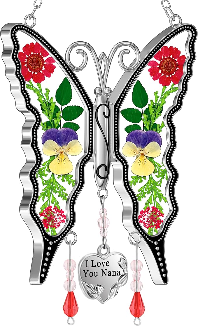KY&BOSAM Nana Gifts Butterfly Stained Glass Suncatcher Windows Hanging | I Love You Nana Charm Sun Catchers Wind Chimes Ornament,Metal,Pressed Flowers and Glass,Mothers Day Gifts for Nana Christmas