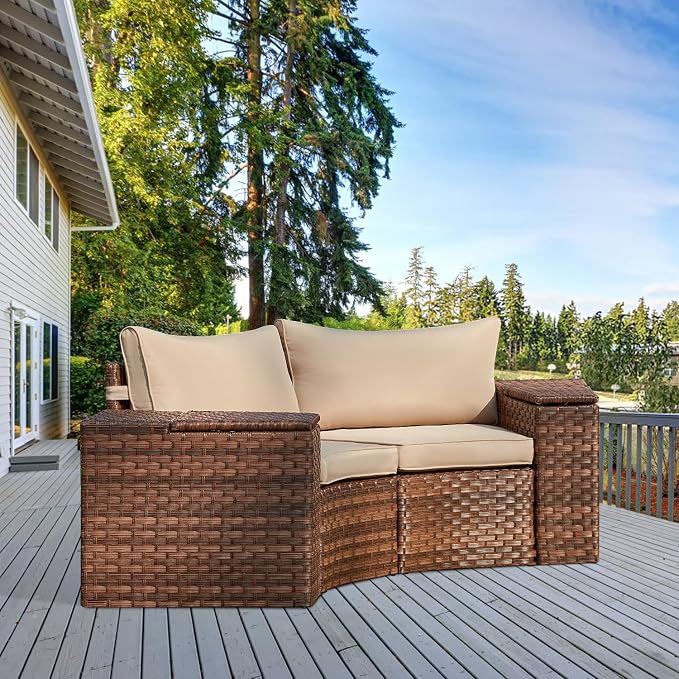 ECOTOUGE Patio Furniture Set, 4 Piece Half-Moon Sectional Round Patio Furniture Set, Wicker Cushion Sofa with 2 Storage Side Table for Pool Backyard Patio Garden(Beige/Brown)