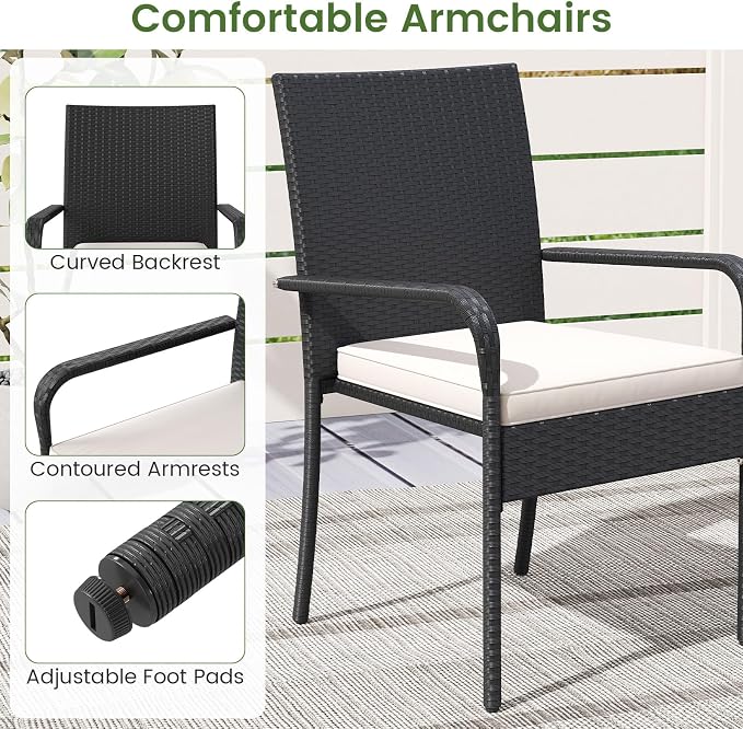 Tangkula 3 Pieces Patio Furniture Set, PE Rattan Outdoor Cushioned Conversation Chairs with 2-Tier Tempered Glass Tabletop Table, for Balcony, Garden and Poolside (Off White)