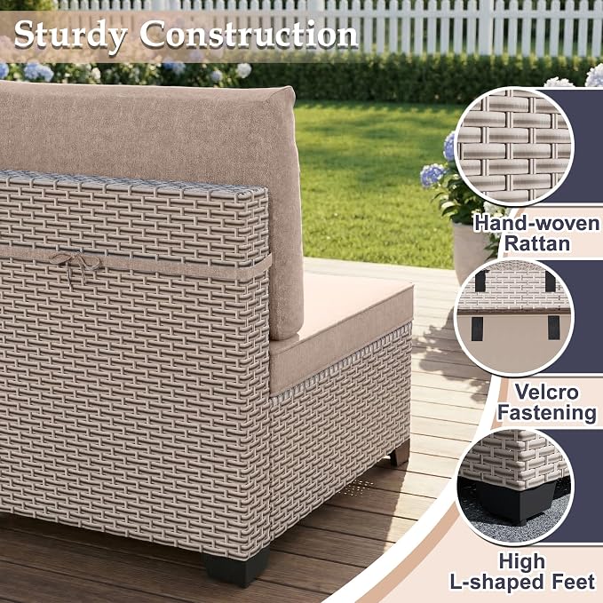 Patio Furniture Set, 14-Piece Outdoor Sectional Sofa with 2-Layer Glass Coffee Table, Wicker Patio Conversation Set with Khaki Cushions for Backyard, Poolside, Porch