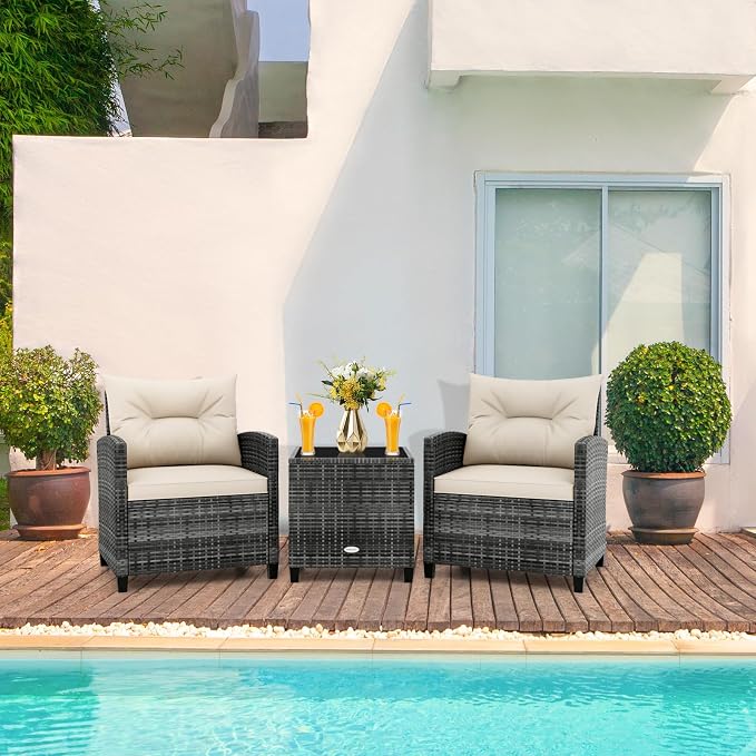 RELAX4LIFE 3 Piece Patio Furniture Set, Wicker Bistro Conversation Set w/2 Cushioned Armchairs & Glass Topped Table, Outdoor Rattan Sofa Set Patio Furniture for Porch Balcony Poolside (Grey-White)