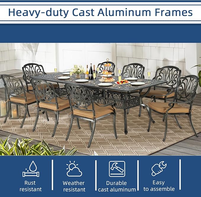 9-Piece Patio Cast Aluminum Dining Set, Outdoor Dining Furniture Set for 8 Person, Includes 94.5" Rectangular Dining Table and 8 Cushioned Chairs with Umbrella Hole for Deck Garden, Tan