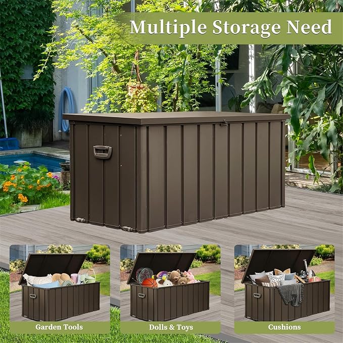 160 Gallon Outdoor Deck Box, Metal Lockable Storage Cabinet with Mobility Rollers & Side Handles, Waterproof Steel Bench for Patio Outside Furniture Cushions,Pillows,Garden Tools (Brown)