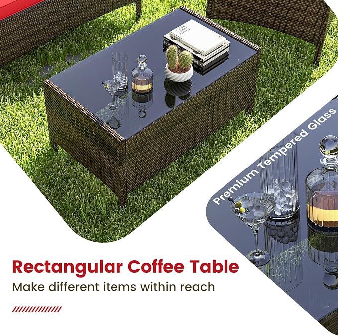 RELAX4LIFE 8-Piece Patio Furniture Set - Rattan Outdoor Conversation Bistro Set w/Cushions, Glass Coffee Table, Wicker Chairs & Loveseat for Garden Backyard Porch, Balcony Furniture Set (2, Red)