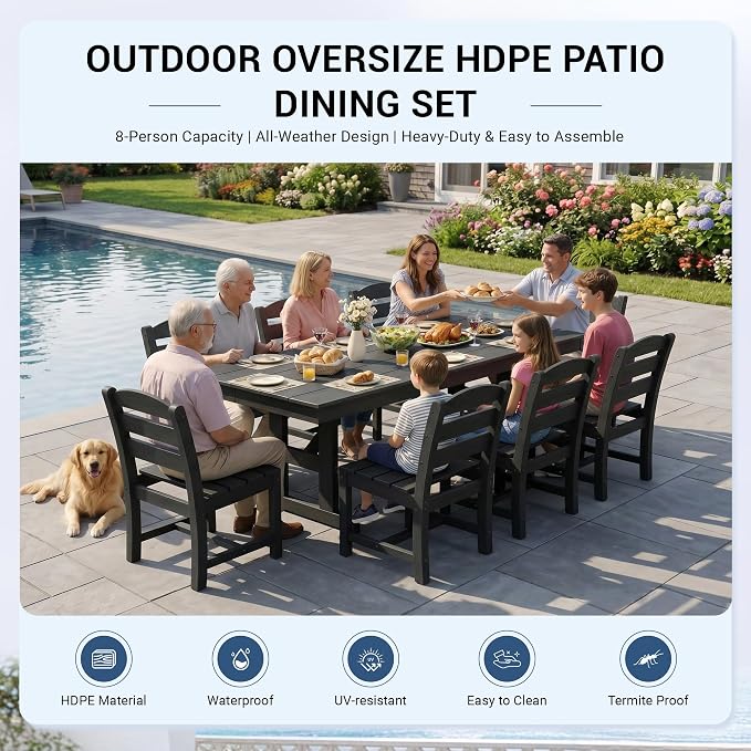 KINGYES 8-Seat Outdoor Patio Dining Set,84 inch HDPE Rectangular Table and Chairs Set，Waterproof Furniture Set with Umbrella Hole for Backyard,Black
