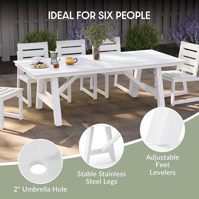 WestinTrends Cape May 9-Piece HDPE Outdoor Furniture Patio Dining Table with Umbrella Hole and Chairs Set for 8, White