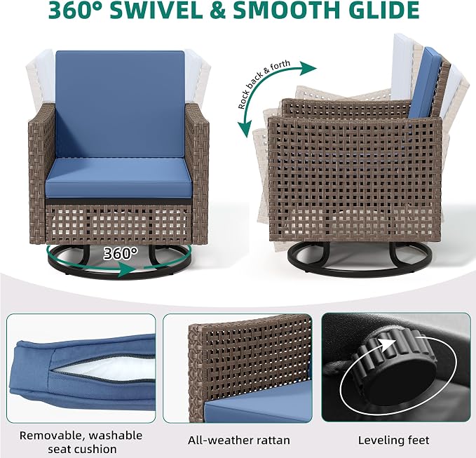 YITAHOME 3 Pieces Swivel Patio Set w/2.8" Thickened Cushions, All Weather Wicker Patio Furniture Set w/Patio Rocking Chairs & Rattan Side Table for Backyard Deck Poolside, Blue