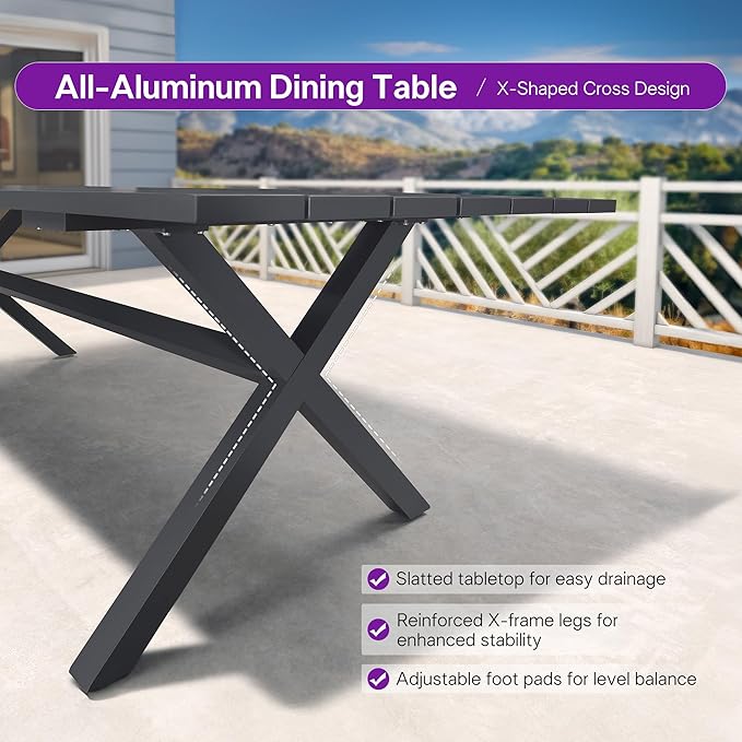 PURPLE LEAF 9 Pieces Outdoor Dining Set All Weather Wicker Patio Dining Set with Rectangular Aluminum Table and Modern Armrest Dining Chairs for Garden Deck Backyard Kitchen, Grey