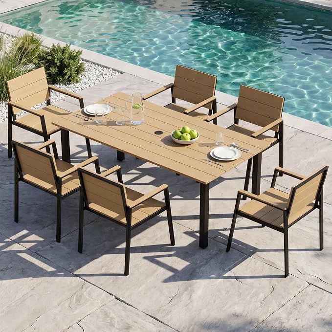 Outdoor Table and Chairs for 6 Aluminum Patio Dining Set with Umbrella Hole | All Weather,HDPS Material,Oversized,7 Piece,for Backyard,Rot-Fade-Crack Proof,Maintenance-Free,Sturdy,Heavy-Duty,Yellow
