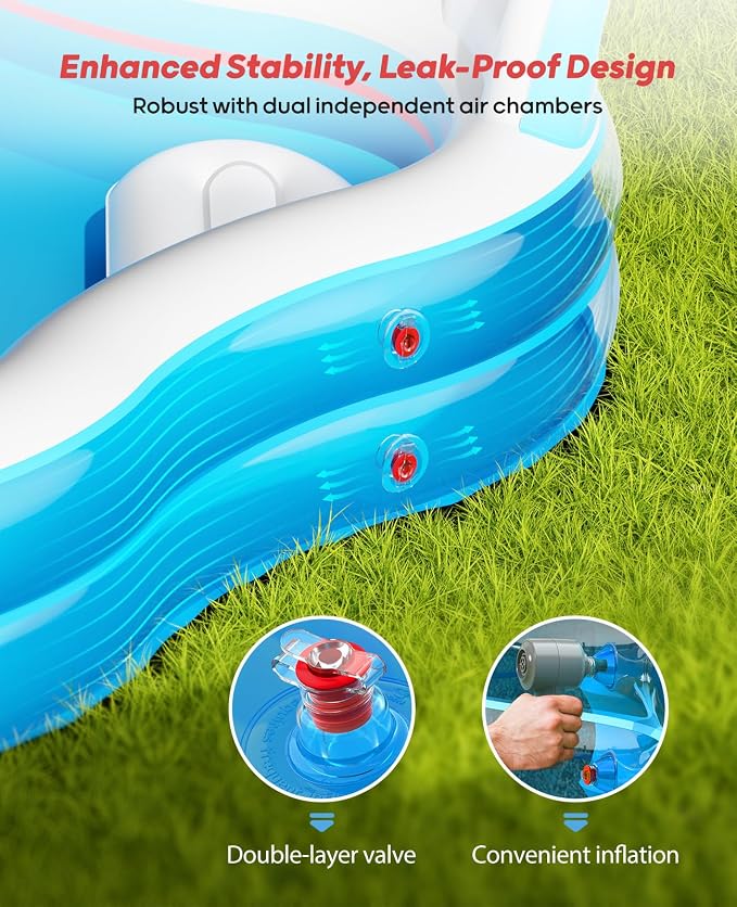 QPAU Inflatable Swimming Pool with 2 Seats and Backrests, 80" L x 80" W x 16.5" D Large Full-Sized Family Pools for Kids and Adults for Backyard, Garden, Outdoors, Clear Blue