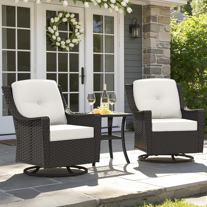 3 Pieces Patio Swivel Chairs & Side Table, Patio Wicker Chairs with Water-Resistant Cushion for Porch Outdoor PE Rattan Furniture Set