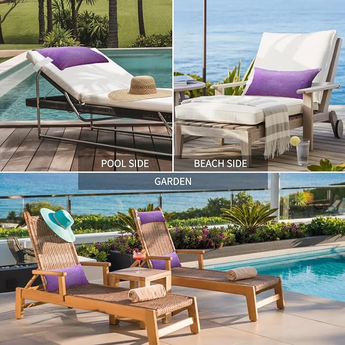 Chaise Lounge Headrest Pillow 1 Pack, Purple Ombre Waterproof Chair Pillows with Insert & Adjustable Elastic Strap for Beach Pool Recliner, Geometric Stained Glass Outdoor Patio Pillow