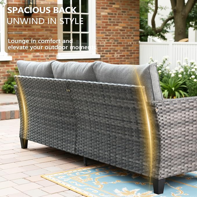 CAODOC 7 Pieces Outdoor Furniture,Patio Furniture with 42" Fire Pit Table,Wicker Conversation Set for Balcony,Deck,Pool and Backyard(Dark Grey)