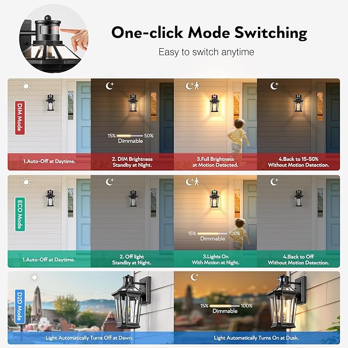 VIANIS Black 2 Pack Outdoor Lights for House, Dusk to Dawn Porch Light Lantern, Exterior Lighting for House Wall Mount, Motion Sensor Light Outside for Garage, Brightness Distance Adjustable