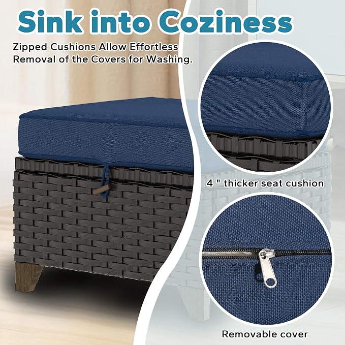 11 Pieces Patio Conversation Furniture Set - 1 Sofa, 2 Ottoman, 2 Armchairs, 4 Swivel Chairs, 2 Side Tables, Outdoor Wicker Furniture with Removable Cushions for Porch, Sunroom (Blue)