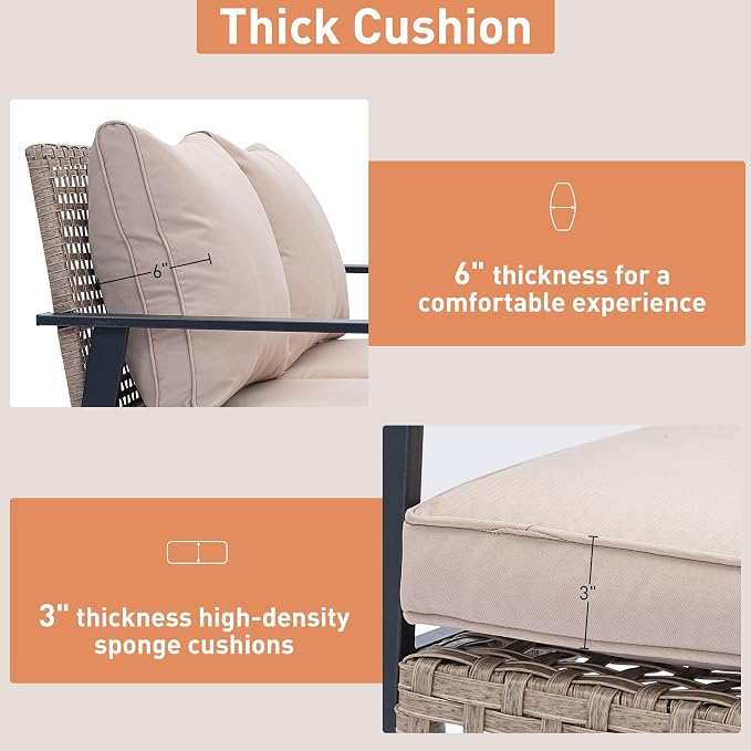 Ainfox Outdoor Wicker Loveseat Rocking Chair, Patio Rattan Rocker Chair with Cushions，All-Weather Modern Cozy Rocking Wicker Furniture for Garden Backyard Porch, Khaki