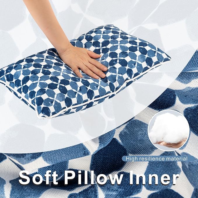 JMGBird Outdoor Lumbar Pillows Waterproof 12x20 Throw Pillows with Inserts | Blue Diamond Petal Pattern UV Fade Resistant Patio Cushions