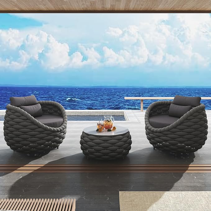 TWT 3 Pieces Aluminum Patio Furniture Set, Hand Woven Textilene Rope Outdoor Sofa Set w/Washable Cushion and Rock Slab Tabletop, Conversation Furniture for Livingroom Poolside Balcony (Dark Grey)