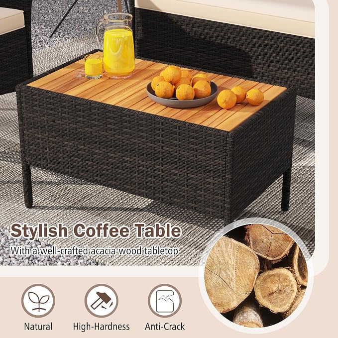 Tangkula 8 Pieces Patio Wicker Sofa Set, 2 Rattan Chairs & Loveseat w/Coffee Table, Acacia Wood Armrests & Tabletop, Outdoor Cushioned Conversation Set for Backyard, Poolside (Beige, 8 Pieces)