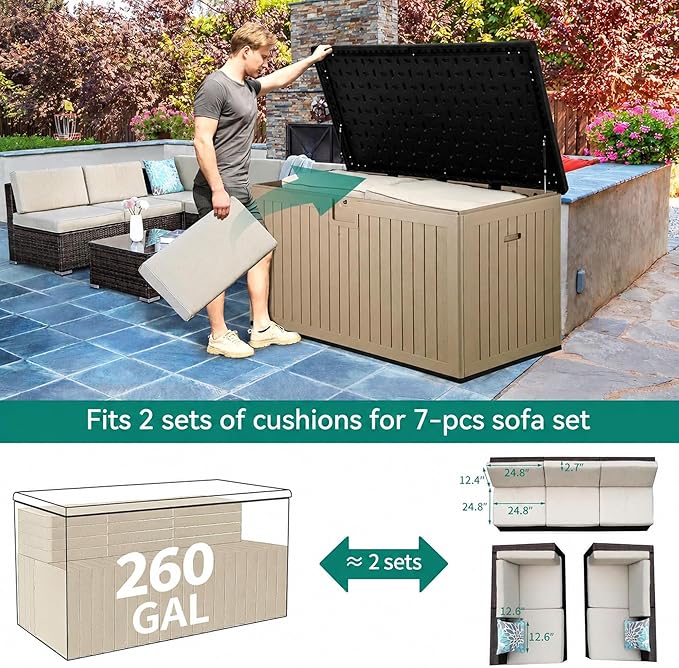 YITAHOME XXL 260 Gallon Large Deck Box,Outdoor Storage for Patio Furniture Cushions,Garden Tools and Pool Equipment with Flexible Divider,Waterproof,Lockable (Black&Brown)
