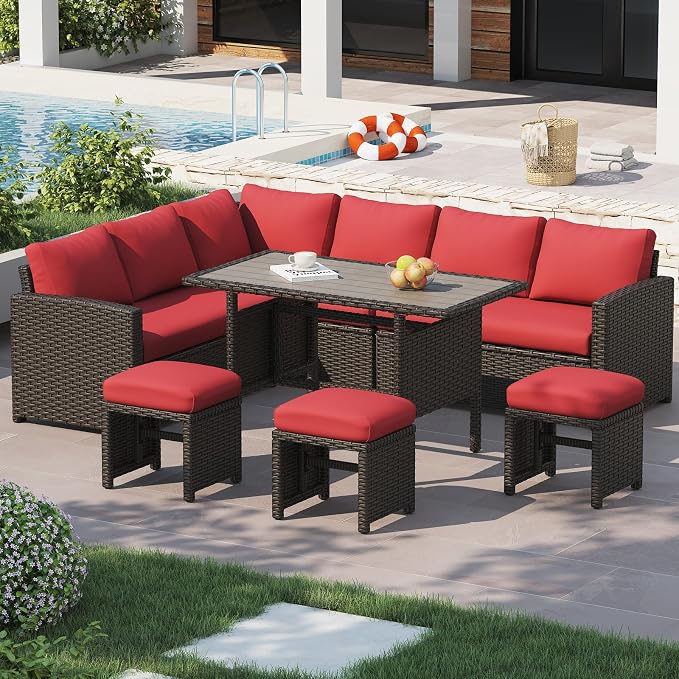 U-MAX 7 Pieces Patio Furniture Set, Outdoor Sectional Sofa Conversation Set, All Weather Wicker Rattan Dining Table & Chair with Ottoman, Brown Rattan&Red Cushion