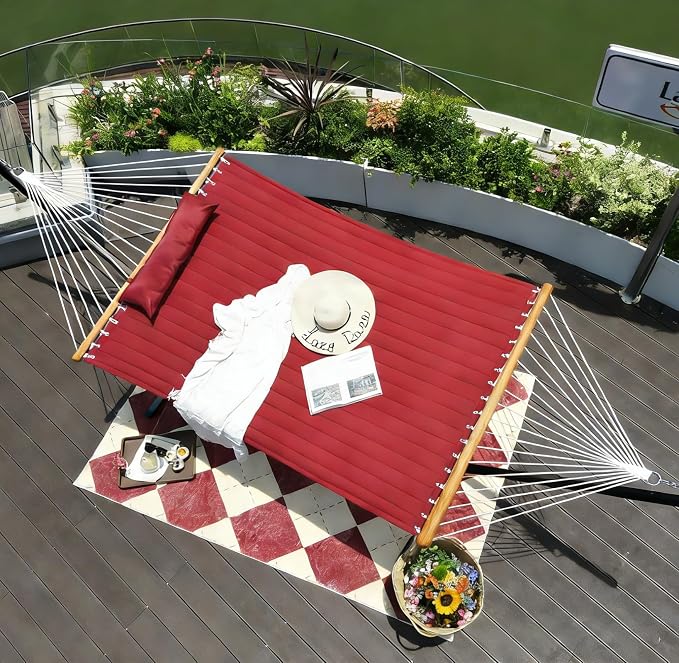 Lazy Daze Hammocks 2 Person Portable Hammock with 12FT Stand for Outside, 10.5FT Quilted Double Hammock with Spreader Bar and Detachable Pillow, 450lbs Capacity for Outdoor Patio, Burgundy