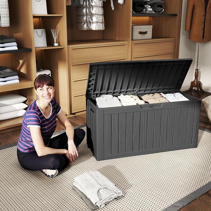 Pepe Tee Waterproof Resin Deck Box, Outdoor Storage Bin for Patio Furniture Cushions, All-Weather Garden Organizer & Seating Bench, Black