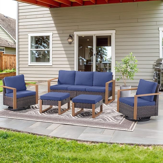 Belord 5 Piece Patio Furniture Set with Swivel Chairs, PE Wicker Patio Sofa Set Outdoor Swivel Rocker Patio Chairs with Anti-Rust Metal Wide Armrests for Deck Backyard Sunroom