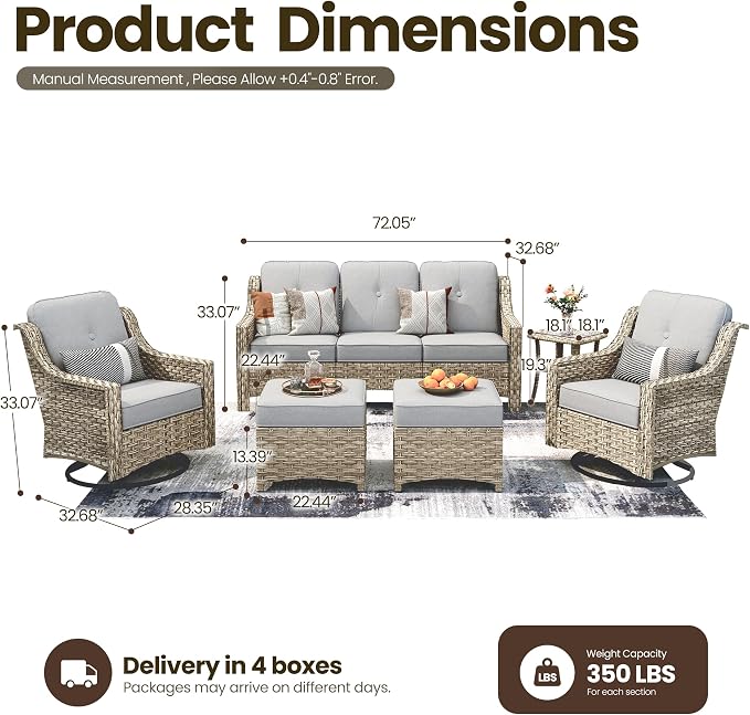 6 Piece Patio Furniture Set with Swivel Rocker Chairs, Outdoor Wicker High Back Sofa Glider Chair Ottoman with Cushion, All Weather Conversation Sets for Backyard Poolside Deck Grey