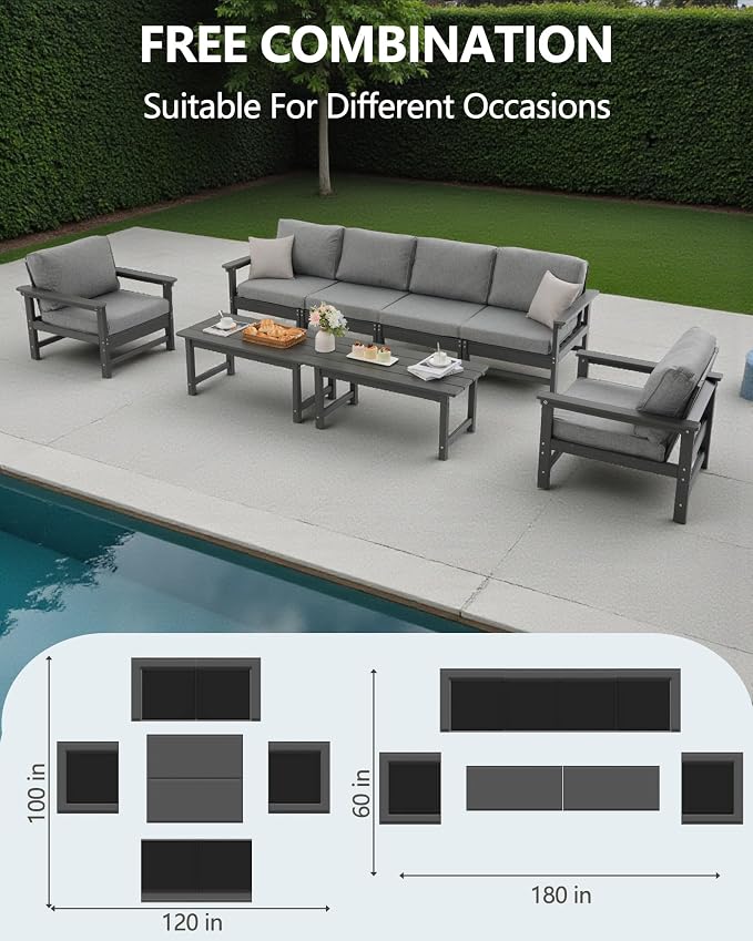 HDPE Outdoor Patio Furniture Set, 8-Piece Sofa Set with 4-Seat Couch, 2 Armchairs & 2 Coffee Tables, Weatherproof Conversation Set with Cushions, All-Weather Waterproof, for Garden, Porch & Backyard