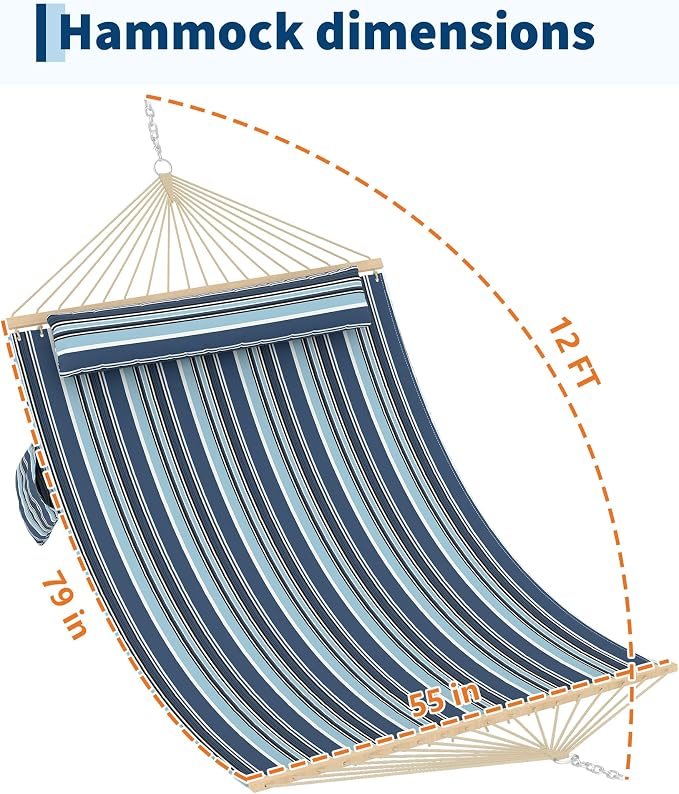 Garvee Double Quilted Fabric Hammock with Hardwood Spreader Bars and Pillow 450 LBS Capacity 2 Person Large Hammock for Outdoor Patio Backyard Poolside（Dark and Light Blue Stripes）