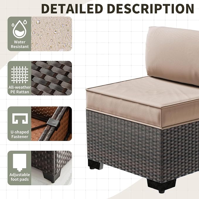 Gotland 9 Pieces Patio Furniture Set, 7-Seater Patio Furniture in 4 Combinations with Wide Armrests 29.5'' High Backrest, 2 Swivel Rocking Chairs 1 Coffee Table, for Deck Garden Pool Party Khaki