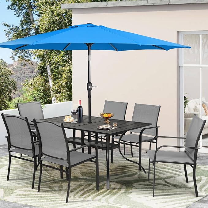 Crownland 7 Piece Patio Dining Set, Textilene Dining Sets, 6 Textilene Metal Chairs and Rectangular Outdoor Dining Table with Sky Blue 9FT Round Outdoor Umbrella (Grey)