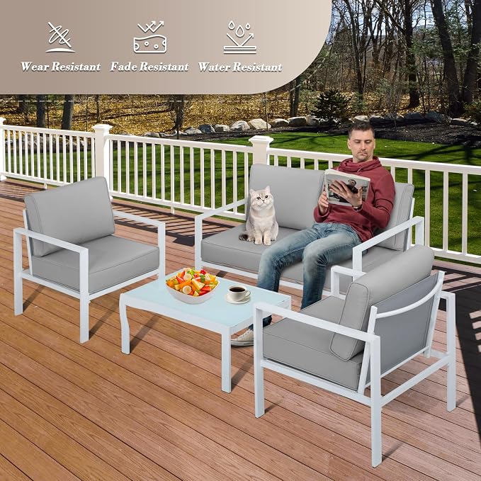 Athena Collection Patio Bistro Set Table and Chairs Set of 4, Outdoor Furniture Set Heavy Duty Conversation Sets Metal Loveseat with Upholstered Seat and Cushions, Gray