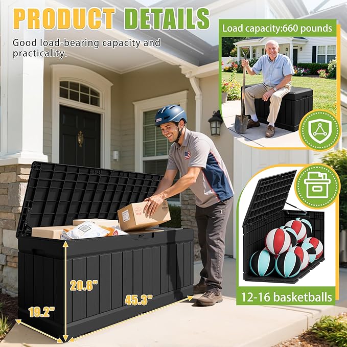 Greesum Outdoor Storage Box 82 Gallon Storage Bin with Lid for Patio Furniture, Garden Tools, Pool Supplies, Waterproof and UV Resistant, Lockable, Black