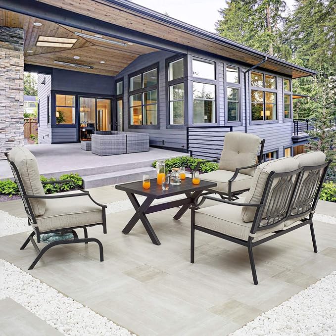 Patio Conversation Set Metal Outdoor Furniture Sets All Weather Cushioned Loveseat & 2 Rocking Chairs & 1 Coffee Table for Poolside Lawn Yard 4pcs