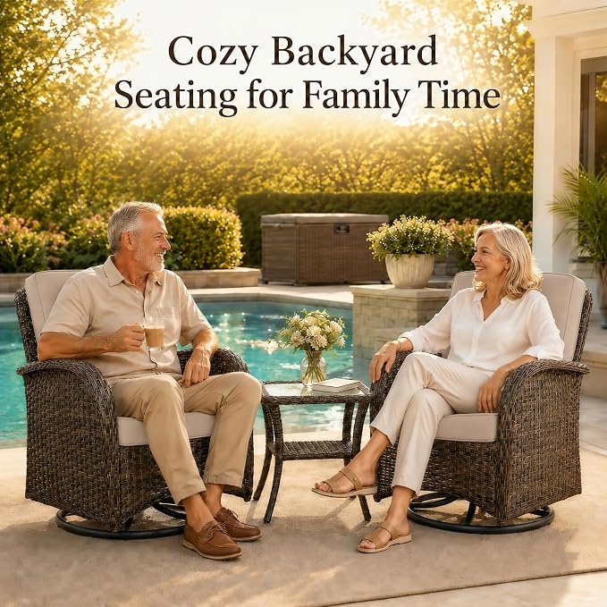 HUMMUH 3-Piece Wicker Swivel Rocking Patio Furniture Set, Brown/Beige | Powder-coated steel frame, hand-woven PE wicker, 250 lb capacity, 4-inch sponge cushions, 5mm tempered glass side table
