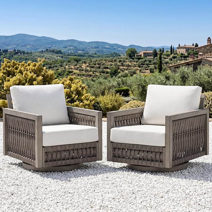 Swivel Patio Chairs Set of 2, Outdoor Aluminum Swivel Chairs with Washable Cushions, 2 Pieces Rope Weave Swivel Patio Sofa Armchair, Outdoor Furniture Set for Garden, Porch, Poolside, Gray Oak