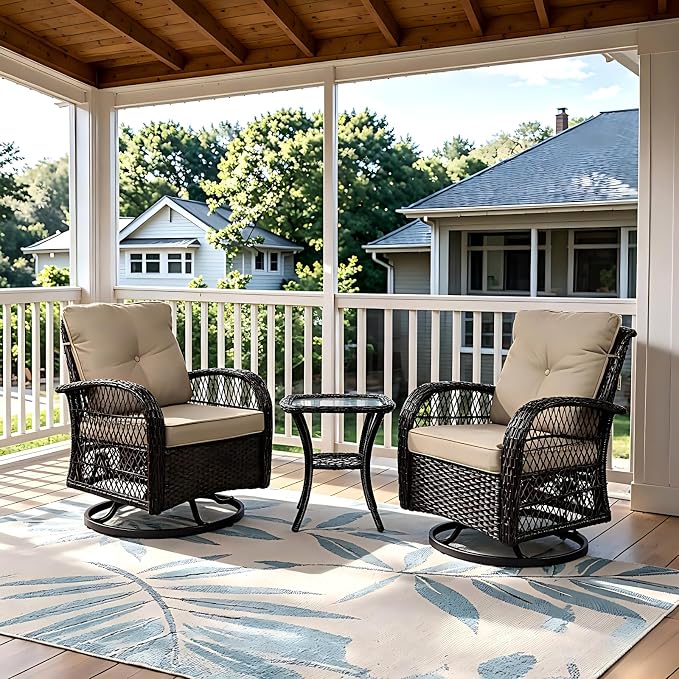 Outdoor Swivel Rocker Patio Chairs with Cushions，Outdoor Swivel Rocking Chairs Set of 2 with Rattan Side Table，360 Degree Swivel Seat Patio Furniture Set for Outside Porch Deck，3 Pieces