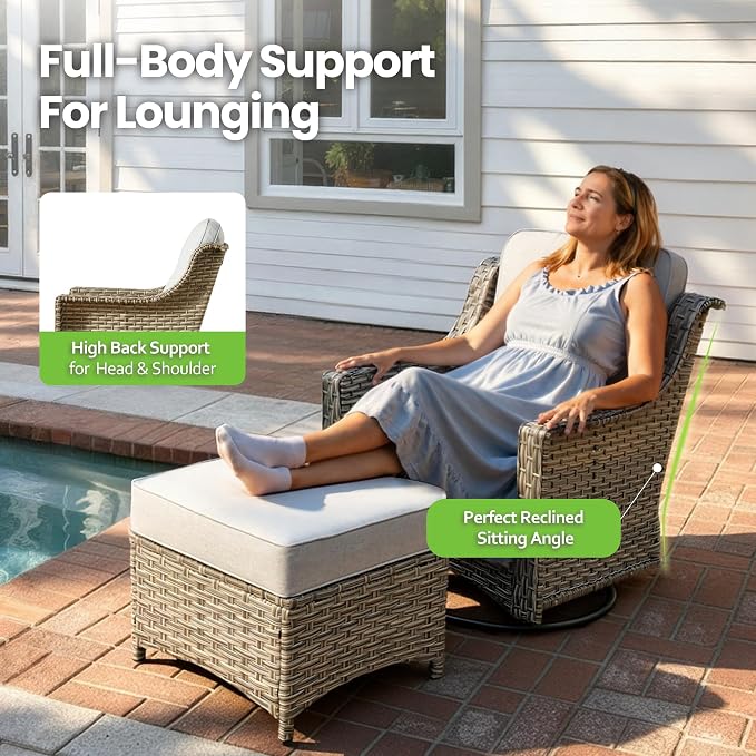 6 Piece Patio Furniture Set with Swivel Rocker Chairs, Outdoor Wicker High Back Sofa Glider Chair Ottoman with Cushion, All Weather Conversation Sets for Backyard Poolside Deck Grey